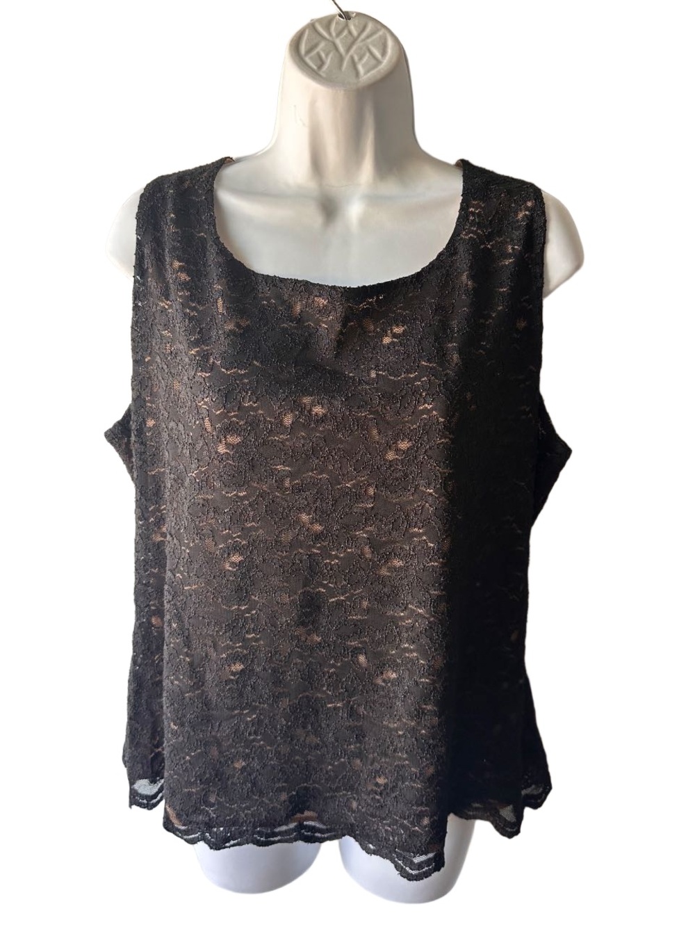Cold Water Creek Black Lace Overlay Sleeveless Style Scoop Neck Elegant Sheer XL
